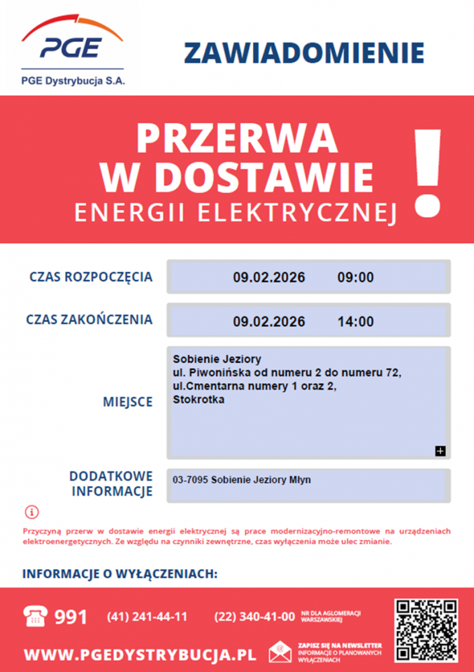 Informacja o planowanej przerwie w dostawie energii elektrycznej