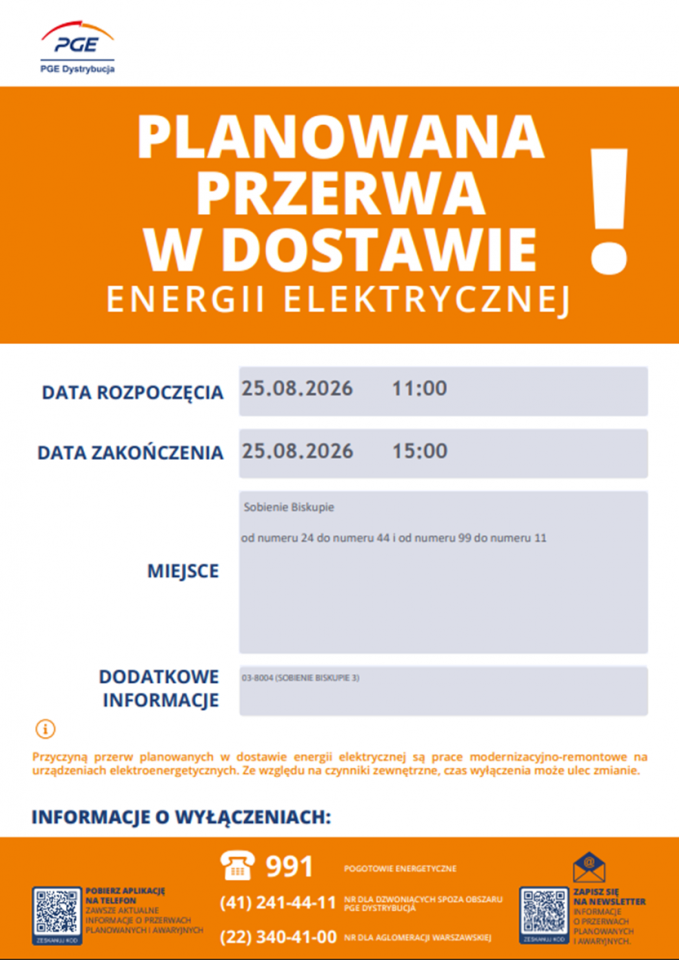 Informacja o planowanej przerwie w dostawie energii elektrycznej