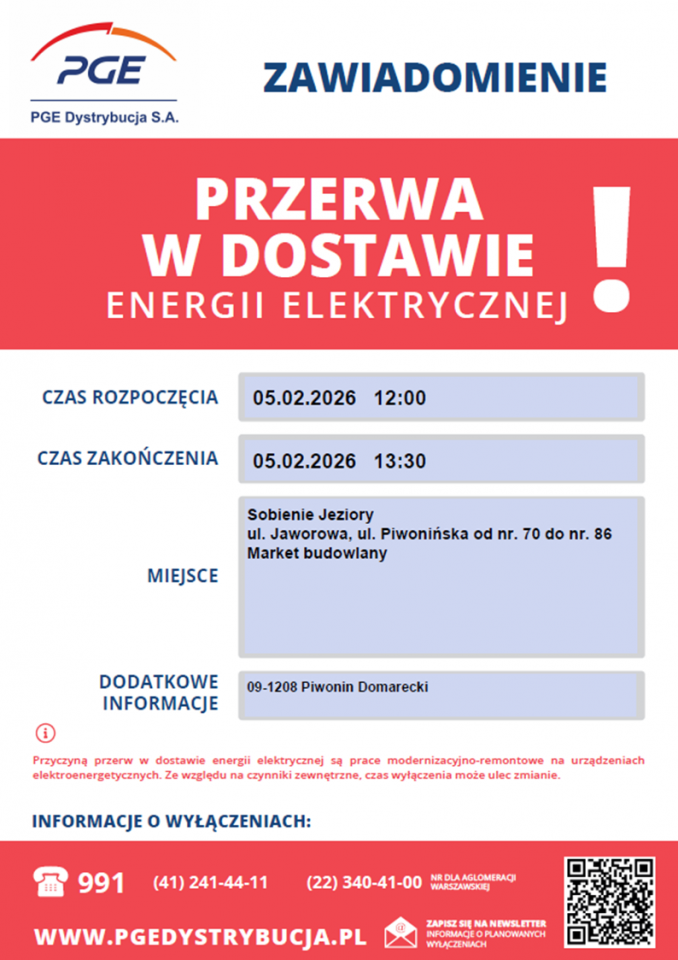 Informacja o planowanych przerwach w dostawie energii elektrycznej