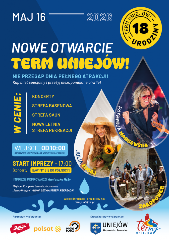 Termy Uniejów świętują 18. urodziny! NOWE OTWARCIE TERM UNIEJÓW JUŻ 16 MAJA 2026 NA SCENIE WYSTĄPIĄ WYJĄTKOWI ARTYŚCI